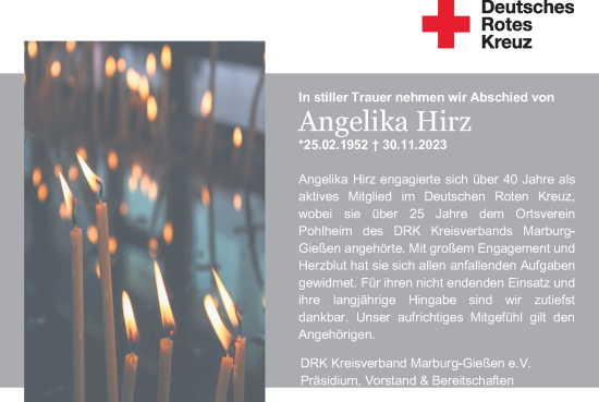 Traueranzeige von Angelika Hirz von Giessener Anzeiger, Giessener Allgemeine, Alsfelder Allgemeine