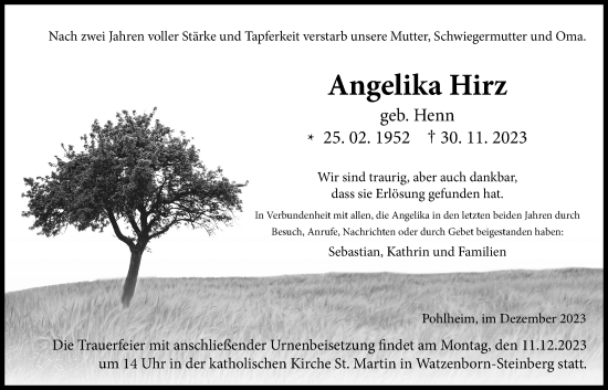 Traueranzeige von Angelika Hirz von Pohlheimer Nachrichten