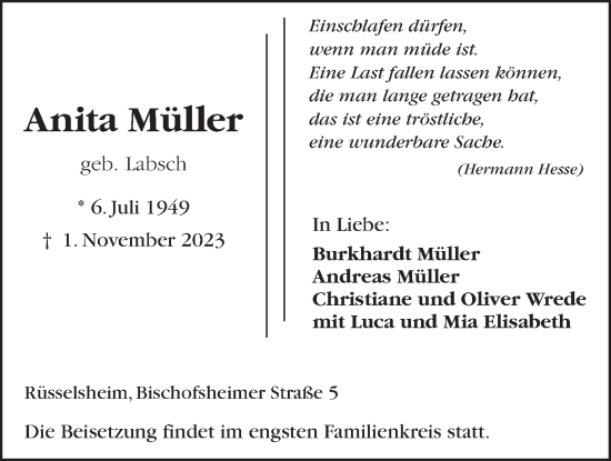 Traueranzeige von Anita Müller von Giessener Allgemeine, Alsfelder Allgemeine
