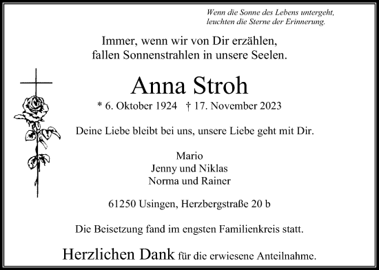 Traueranzeige von Anna Stroh von Usinger Anzeiger