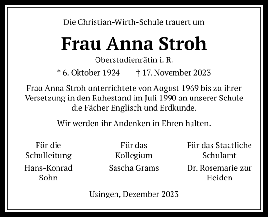 Traueranzeige von Anna Stroh von Usinger Anzeiger