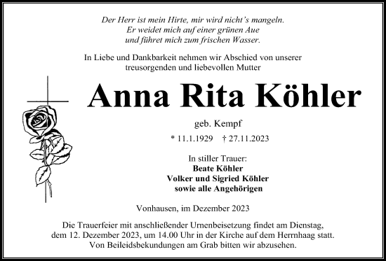 Traueranzeige von Anna Rita Köhler von Kreis-Anzeiger