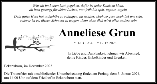 Traueranzeige von Anneliese Grun von Kreis-Anzeiger