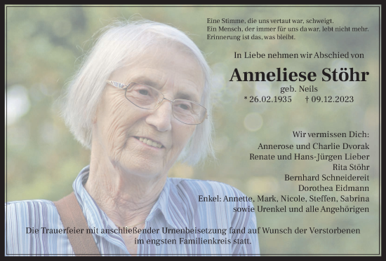 Traueranzeige von Anneliese Stöhr von Wetterauer Zeitung