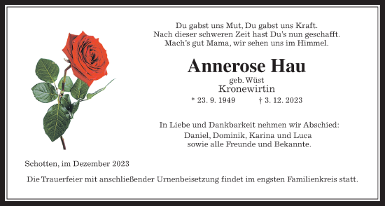 Traueranzeige von Annerose Hau von Kreis-Anzeiger