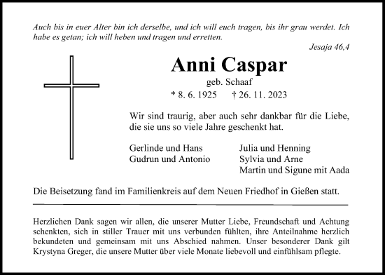 Traueranzeige von Anni Caspar von Giessener Anzeiger, Giessener Allgemeine, Alsfelder Allgemeine