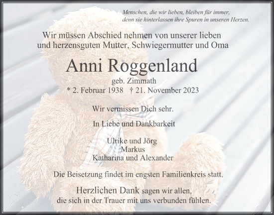 Traueranzeige von Anni Roggenland von Usinger Anzeiger