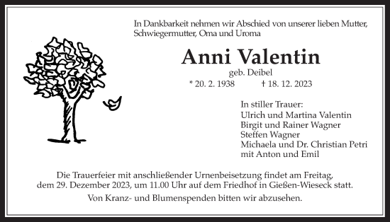 Traueranzeige von Anni Valentin von Giessener Anzeiger, Giessener Allgemeine, Alsfelder Allgemeine