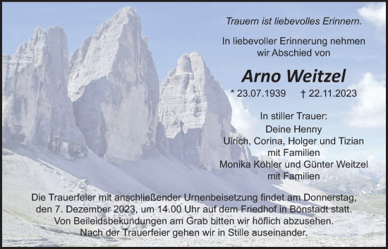 Traueranzeige von Arno Weitzel von Wetterauer Zeitung