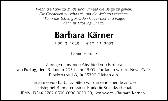 Traueranzeige von Barbara Kärner von Giessener Allgemeine, Alsfelder Allgemeine, Giessener Anzeiger