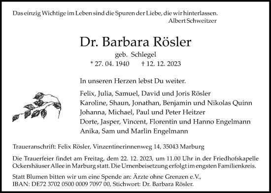 Traueranzeige von Barbara Rösler von Giessener Allgemeine, Alsfelder Allgemeine
