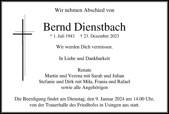 Traueranzeige von Bernd Dienstbach von Usinger Anzeiger