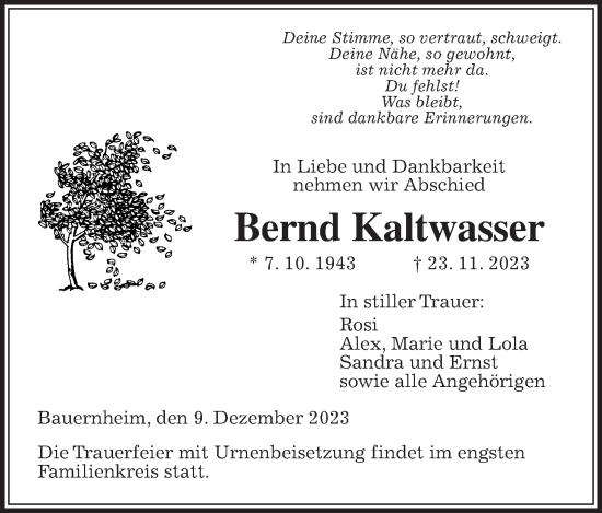 Traueranzeige von Bernd Kaltwasser von Wetterauer Zeitung