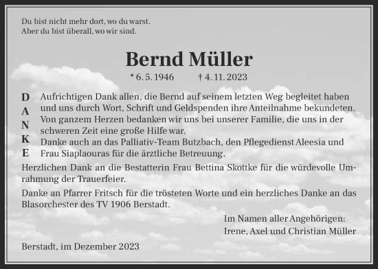 Traueranzeige von Bernd Müller von Wetterauer Zeitung