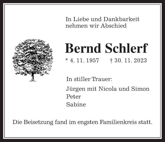 Traueranzeige von Bernd Schlerf von Wetterauer Zeitung