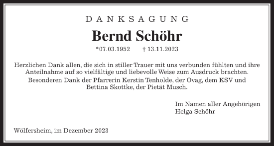 Traueranzeige von Bernd Schöhr von Wetterauer Zeitung