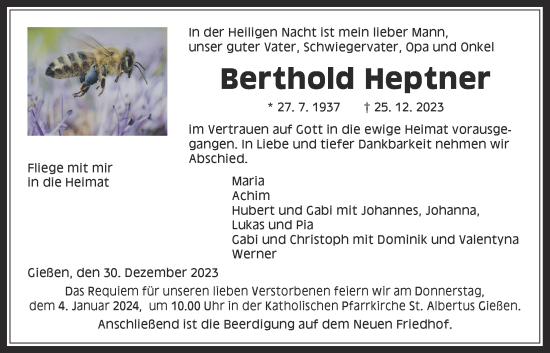 Traueranzeige von Berthold Heptner von Giessener Allgemeine, Alsfelder Allgemeine, Giessener Anzeiger