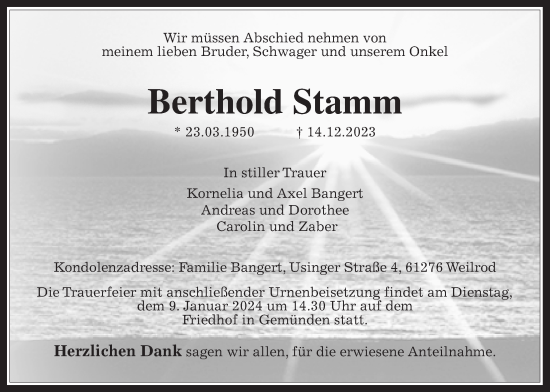 Traueranzeige von Berthold Stamm von Usinger Anzeiger