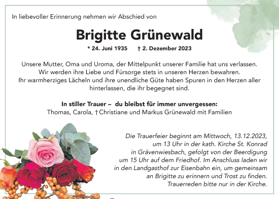 Traueranzeige von Brigitte Grünewald von Usinger Anzeiger