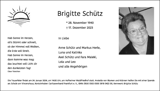 Traueranzeige von Brigitte Schütz 