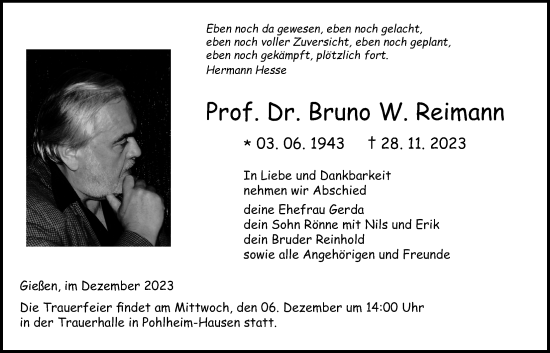 Traueranzeige von Bruno Reimann von Giessener Anzeiger, Giessener Allgemeine, Alsfelder Allgemeine