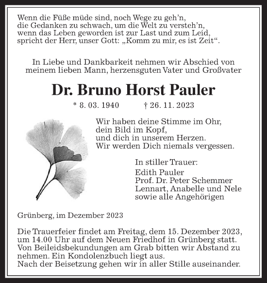 Traueranzeige von Bruno Horst Pauler von Giessener Allgemeine, Alsfelder Allgemeine