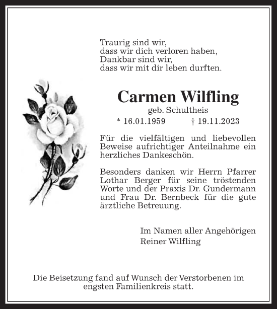 Traueranzeige von Carmen Wilfling von Wetterauer Zeitung