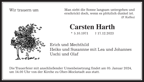 Traueranzeige von Carsten Harth von Kreis-Anzeiger
