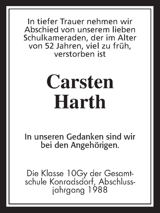 Traueranzeige von Carsten Harth von Wetterauer Zeitung, Kreis-Anzeiger