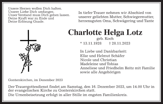 Traueranzeige von Charlotte Helga Lotz von Giessener Allgemeine, Alsfelder Allgemeine, Laubacher Anzeiger