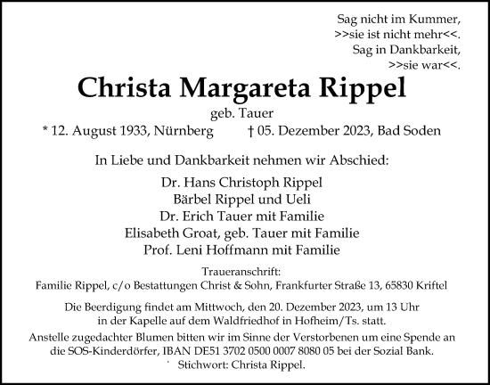 Traueranzeige von Christa Margareta Rippel 