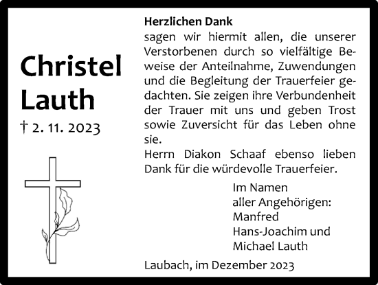 Traueranzeige von Christel Lauth von Laubacher Anzeiger