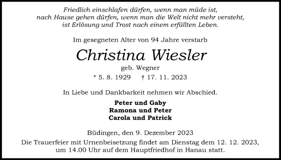 Traueranzeige von Christina Wiesler von Kreis-Anzeiger