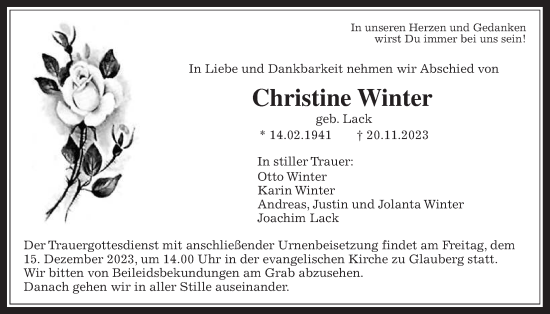 Traueranzeige von Christine Winter von Kreis-Anzeiger