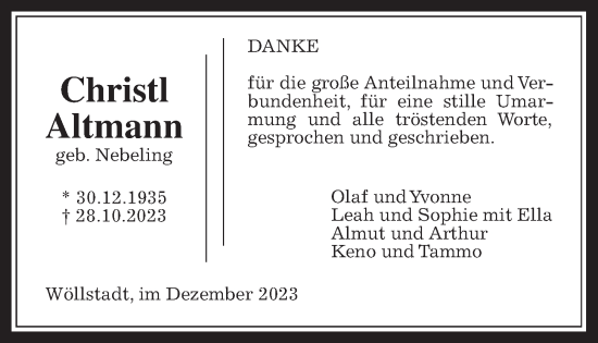 Traueranzeige von Christl Altmann von Wetterauer Zeitung