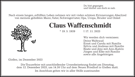 Traueranzeige von Claus Waffenschmidt von Giessener Anzeiger, Giessener Allgemeine, Alsfelder Allgemeine