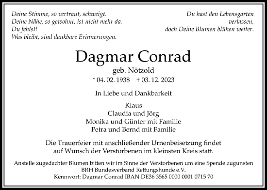 Traueranzeige von Dagmar Conrad von Bad Vilbel/Karben