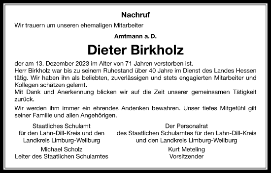 Traueranzeige von Dieter Birkholz von Giessener Allgemeine, Alsfelder Allgemeine