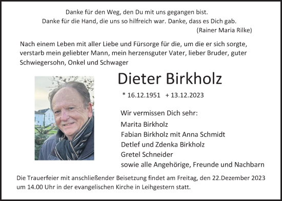 Traueranzeige von Dieter Birkholz von Giessener Allgemeine, Alsfelder Allgemeine, Giessener Anzeiger