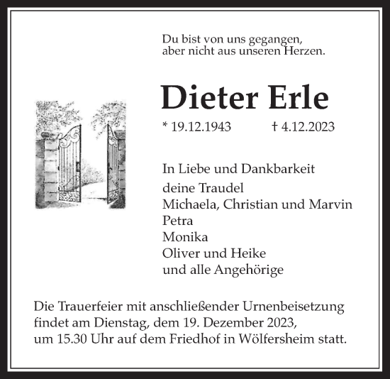 Traueranzeige von Dieter Erle von Wetterauer Zeitung
