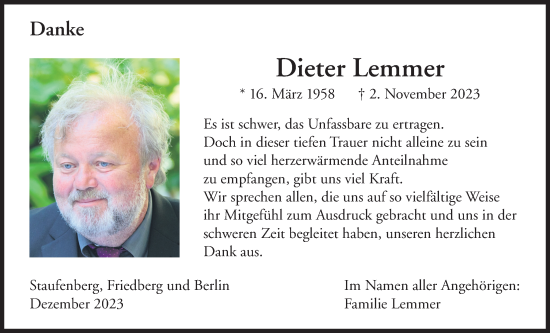 Traueranzeige von Dieter Lemmer von Giessener Anzeiger, Giessener Allgemeine, Alsfelder Allgemeine