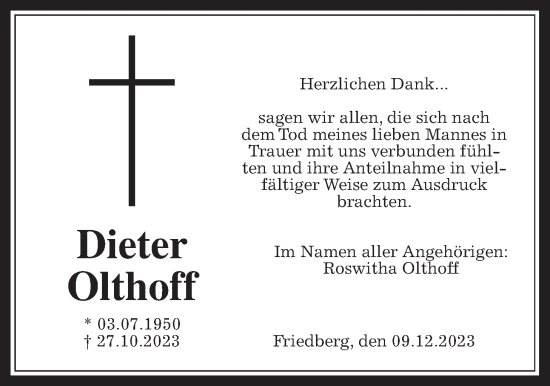 Traueranzeige von Dieter Olthoff von Wetterauer Zeitung