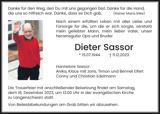 Traueranzeige von Dieter Sassor von Giessener Allgemeine, Alsfelder Allgemeine