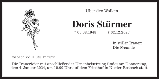 Traueranzeige von Doris Stürmer von Wetterauer Zeitung