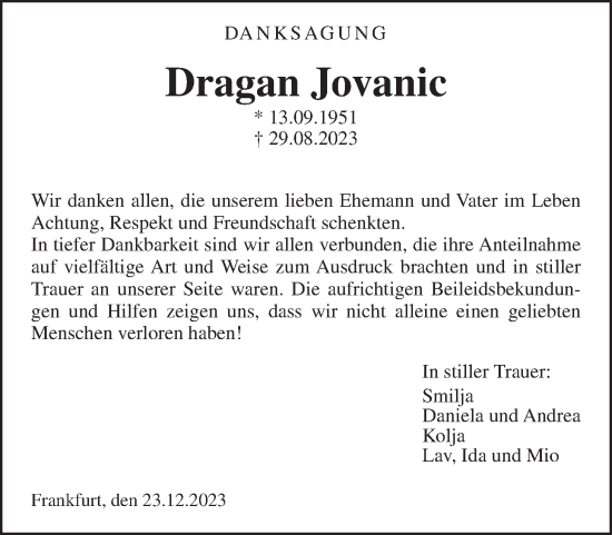 Traueranzeige von Dragan Jovanic von Giessener Allgemeine, Alsfelder Allgemeine