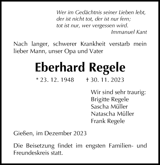 Traueranzeige von Eberhard Regele von Giessener Allgemeine, Alsfelder Allgemeine