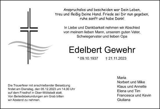Traueranzeige von Edelbert Gewehr von Wetterauer Zeitung