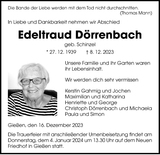 Traueranzeige von Edeltraud Dörren von Giessener Allgemeine, Alsfelder Allgemeine