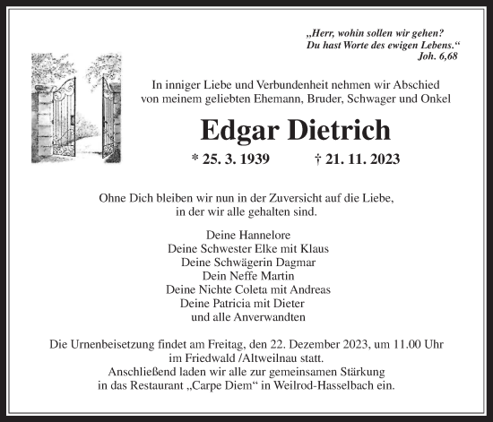 Traueranzeige von Edgar Dietrich von Usinger Anzeiger