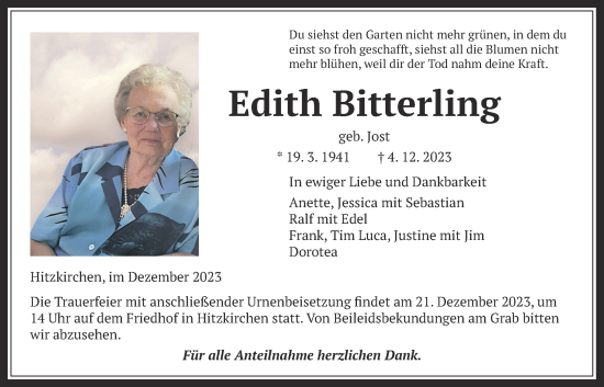 Traueranzeige von Edith Bitterling von Kreis-Anzeiger